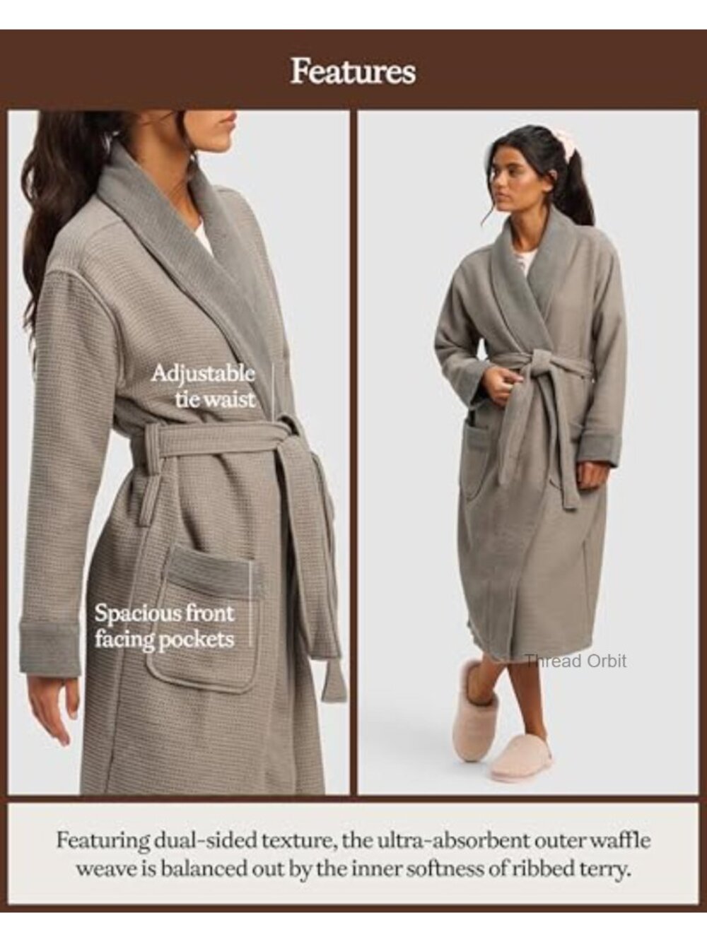 Waffle Bath Robe Lightweight Spa Robe with Pockets - Picture 3 of 6